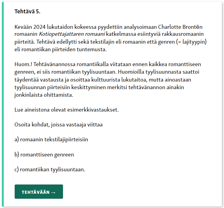 Esimerkki lukutaidon tehtävästä