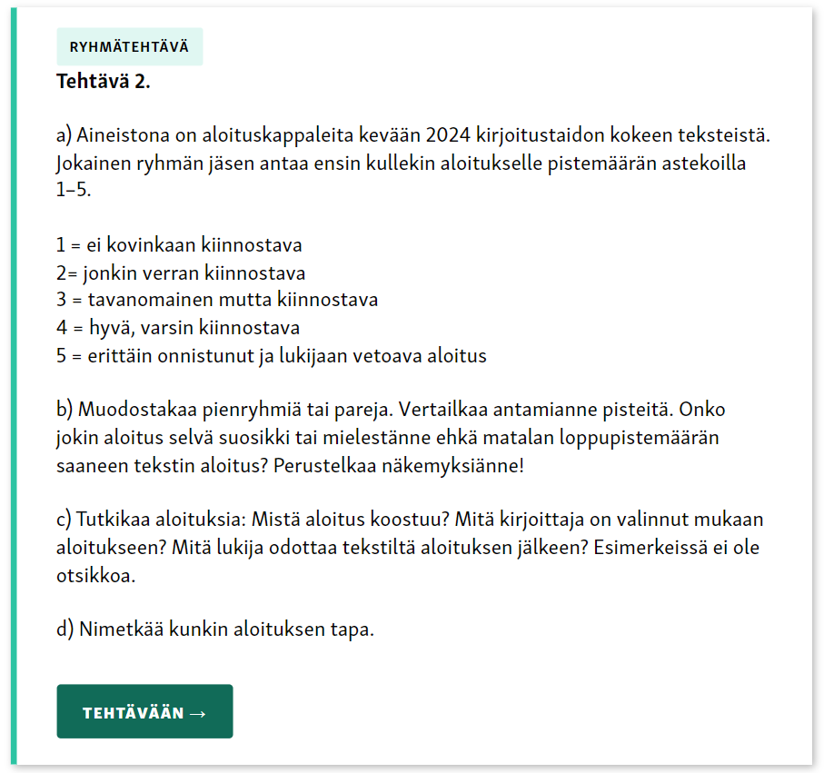 Esimerkki kirjoitustaidon tehtävästä